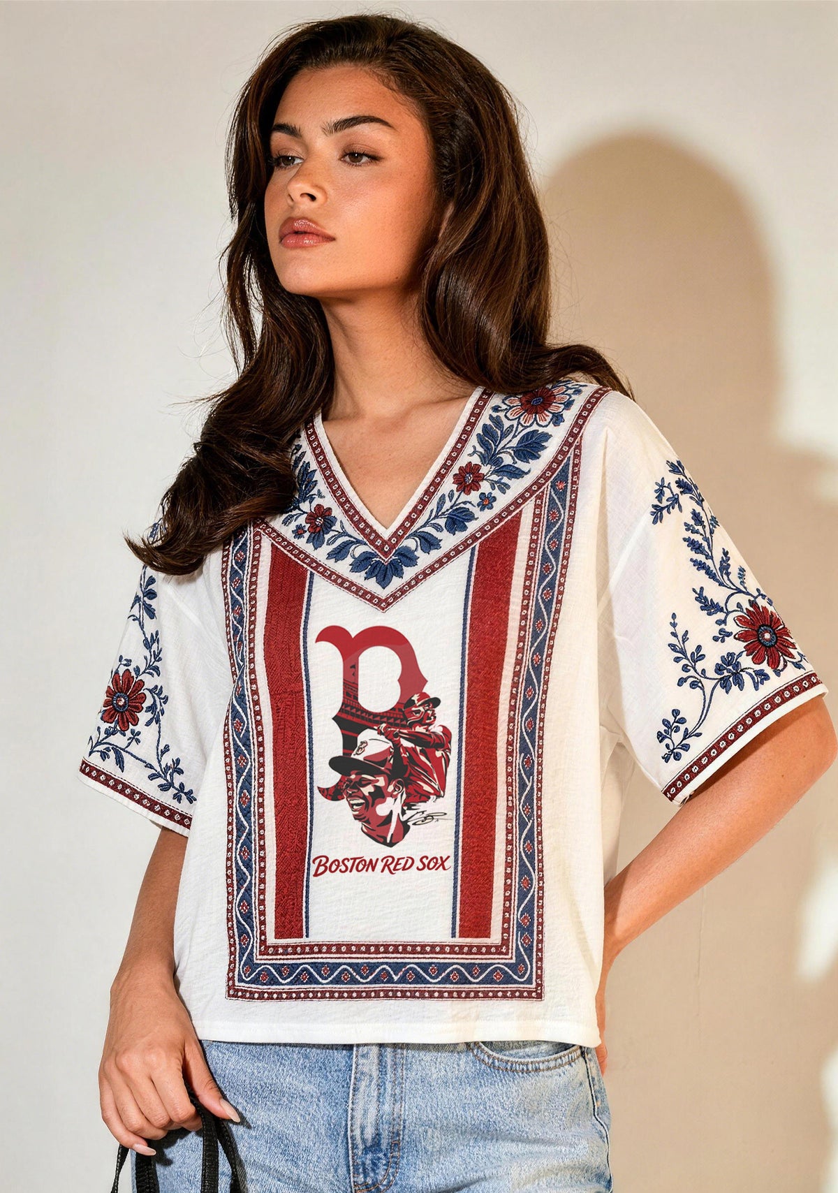 Boston Red Sox Boho Floral V-Neck Blouse