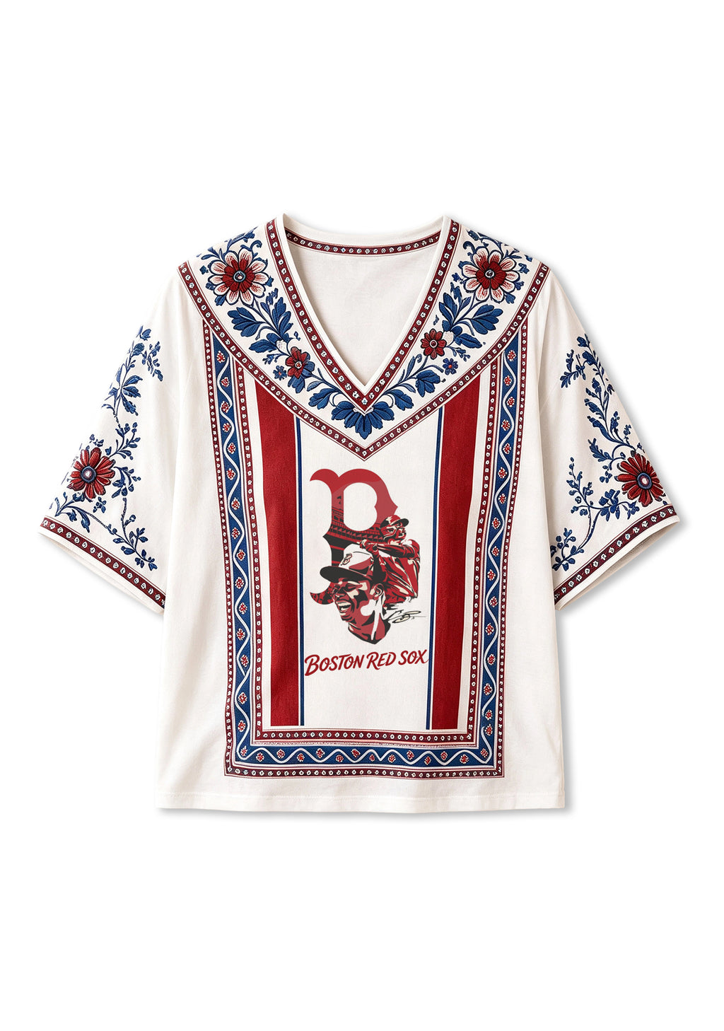Boston Red Sox Boho Floral V-Neck Blouse