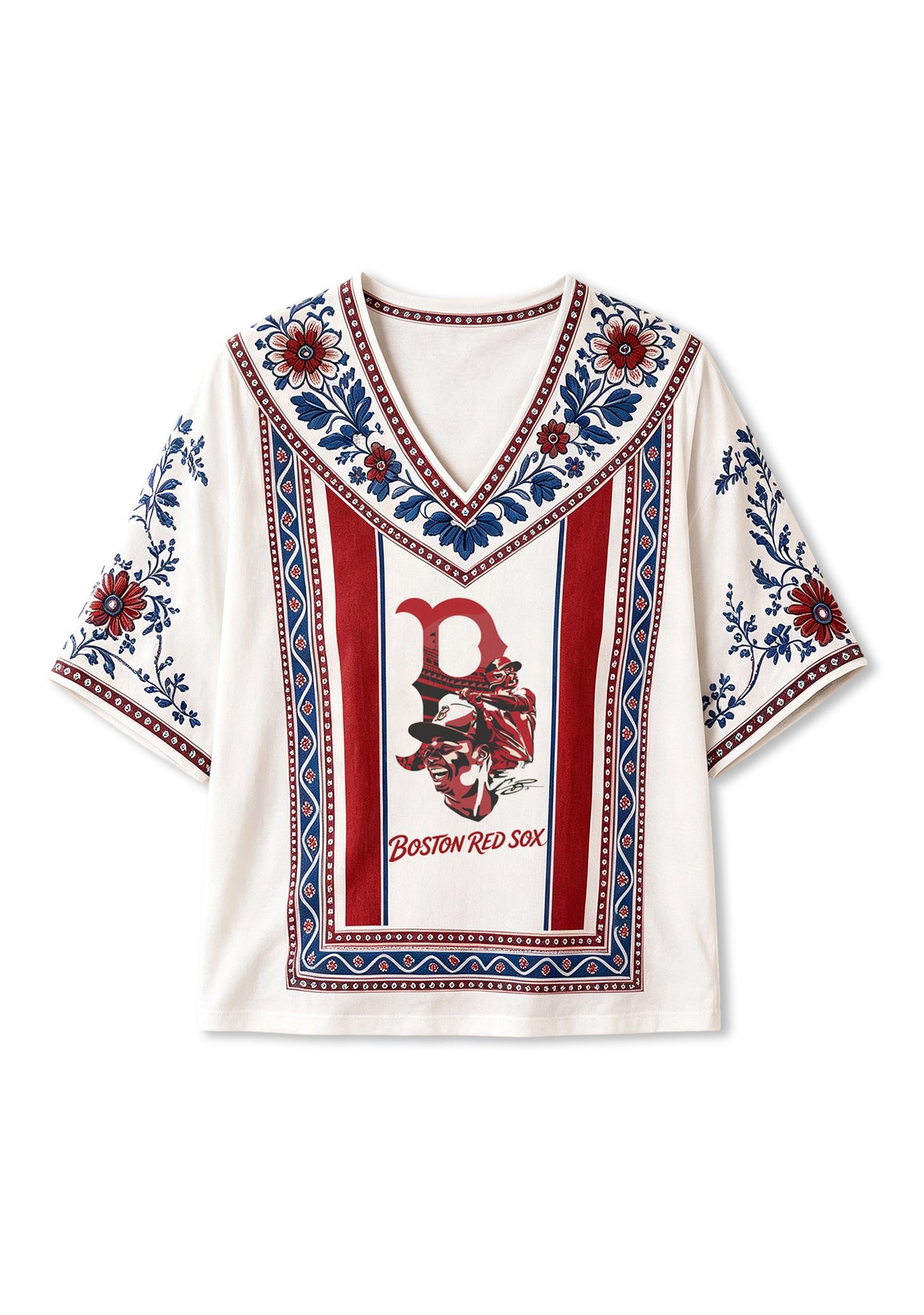 Boston Red Sox Boho Floral V-Neck Blouse