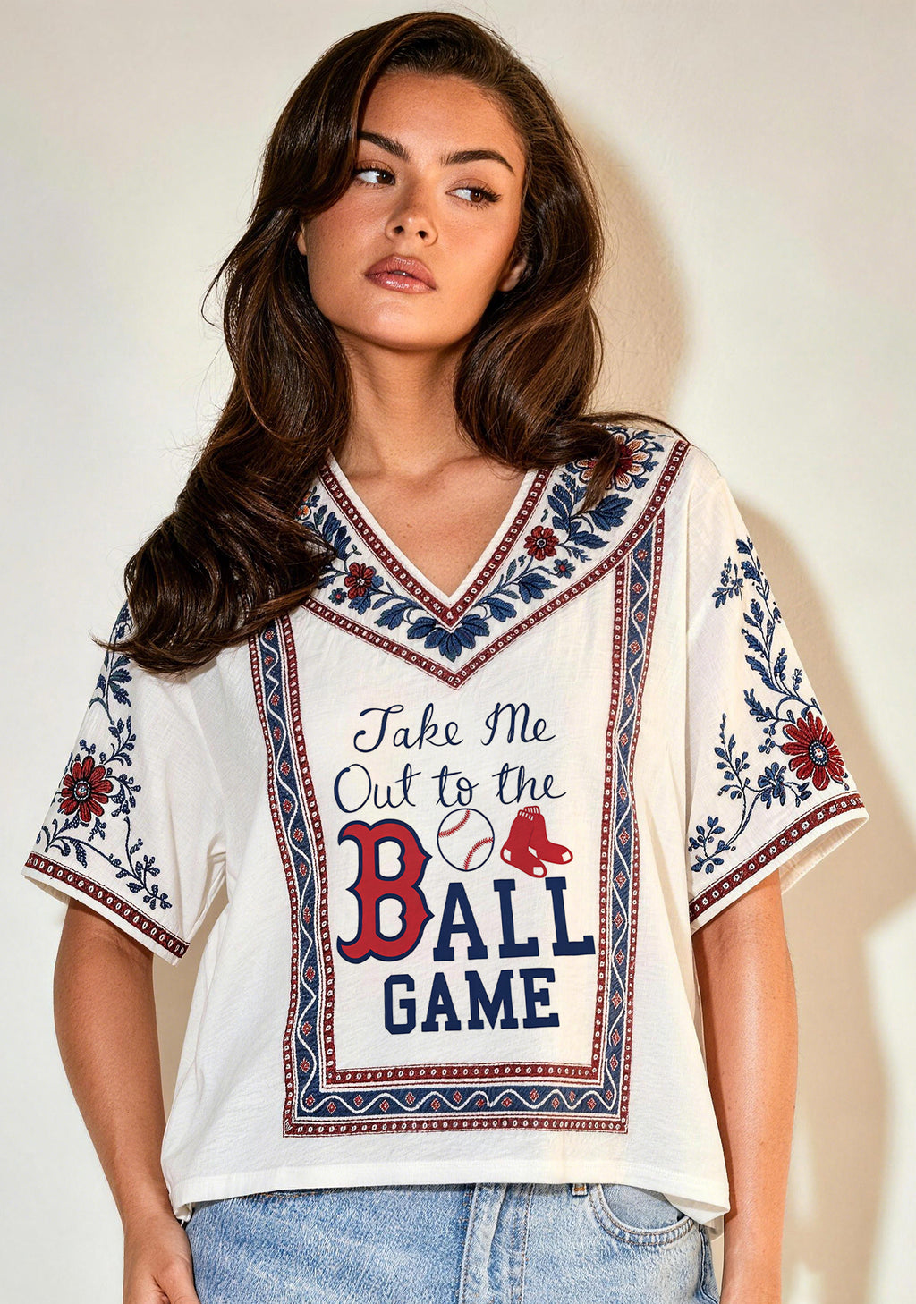 Take Me Out To The Ball Game Boho Floral V-Neck Blouse