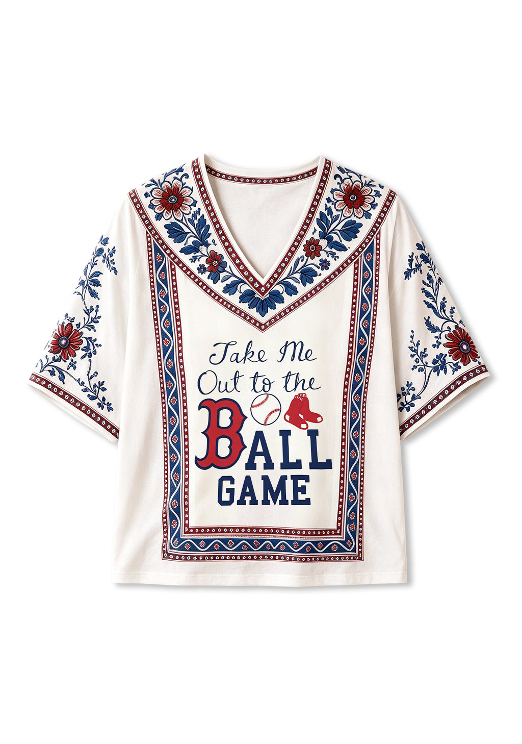 Take Me Out To The Ball Game Boho Floral V-Neck Blouse