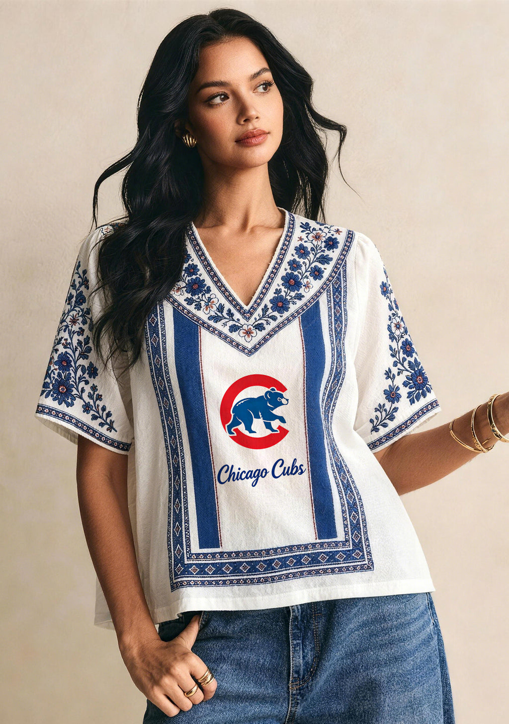 Chicago Cubs Mascot Bear Graphic Boho Floral V-Neck Blouse