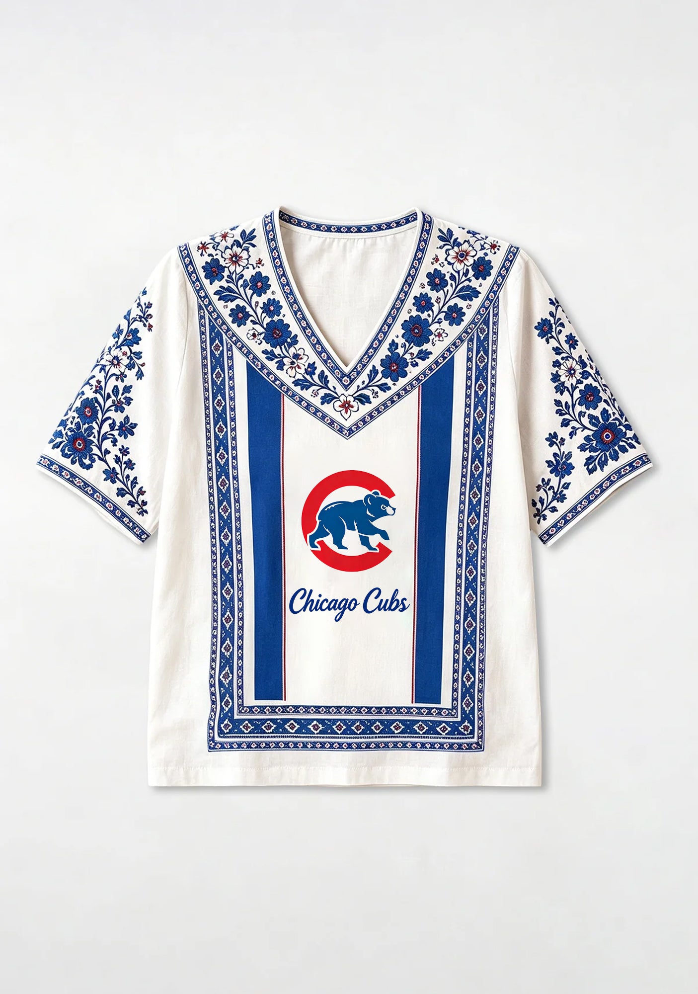 Chicago Cubs Mascot Bear Graphic Boho Floral V-Neck Blouse Secondary image