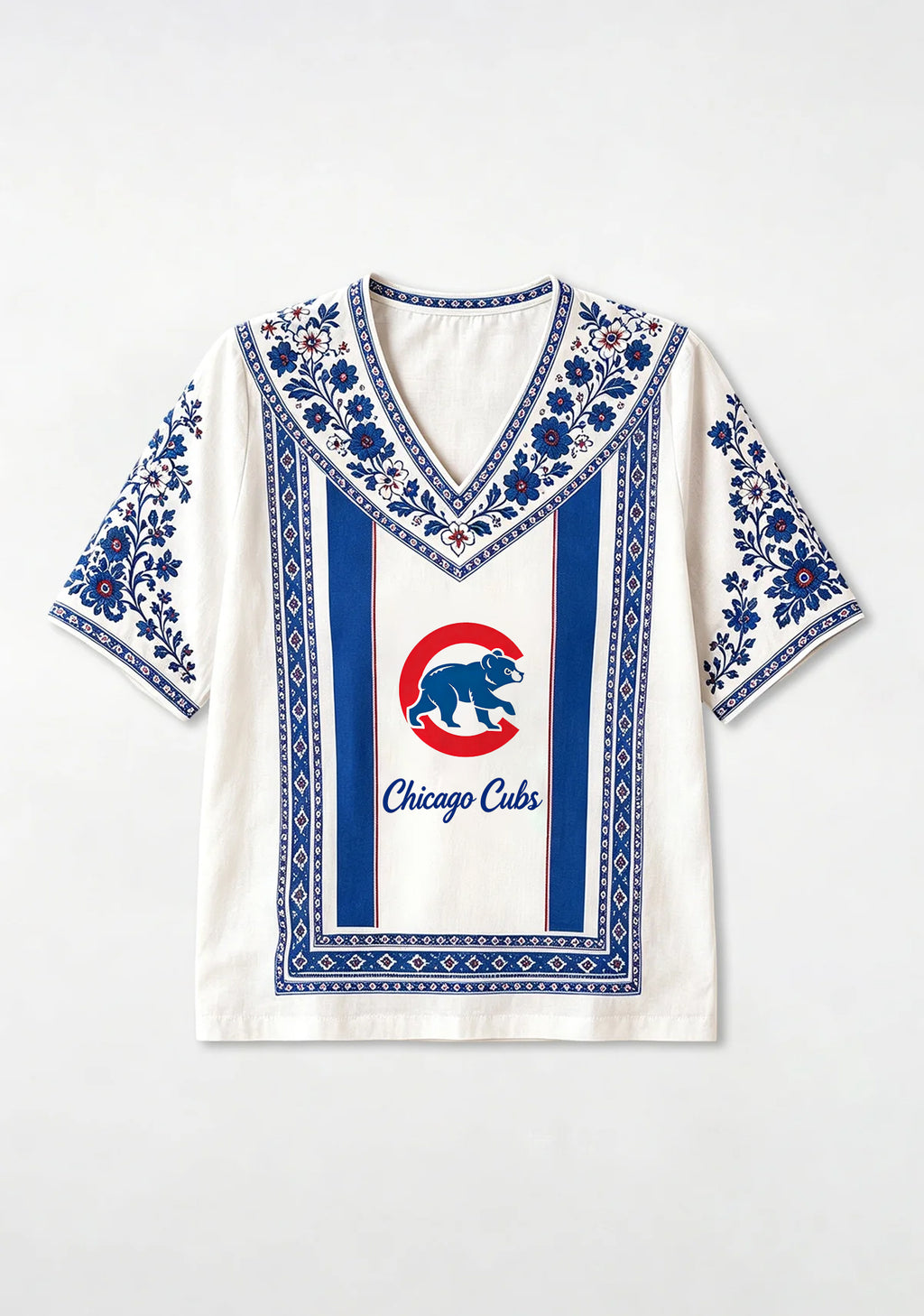 Chicago Cubs Mascot Bear Graphic Boho Floral V-Neck Blouse