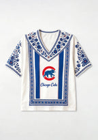 Chicago Cubs Mascot Bear Graphic Boho Floral V-Neck Blouse