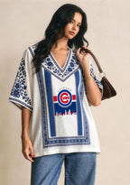 Chicago Cubs World Series Cityscape Boho Floral V-Neck Blouse