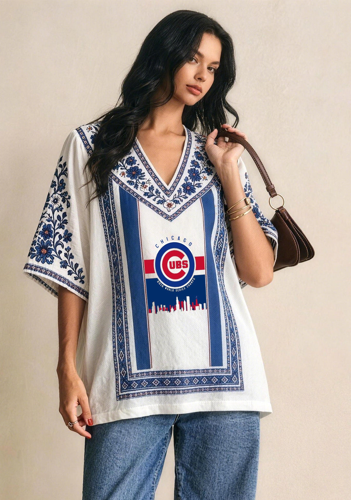 Chicago Cubs World Series Cityscape Boho Floral V-Neck Blouse