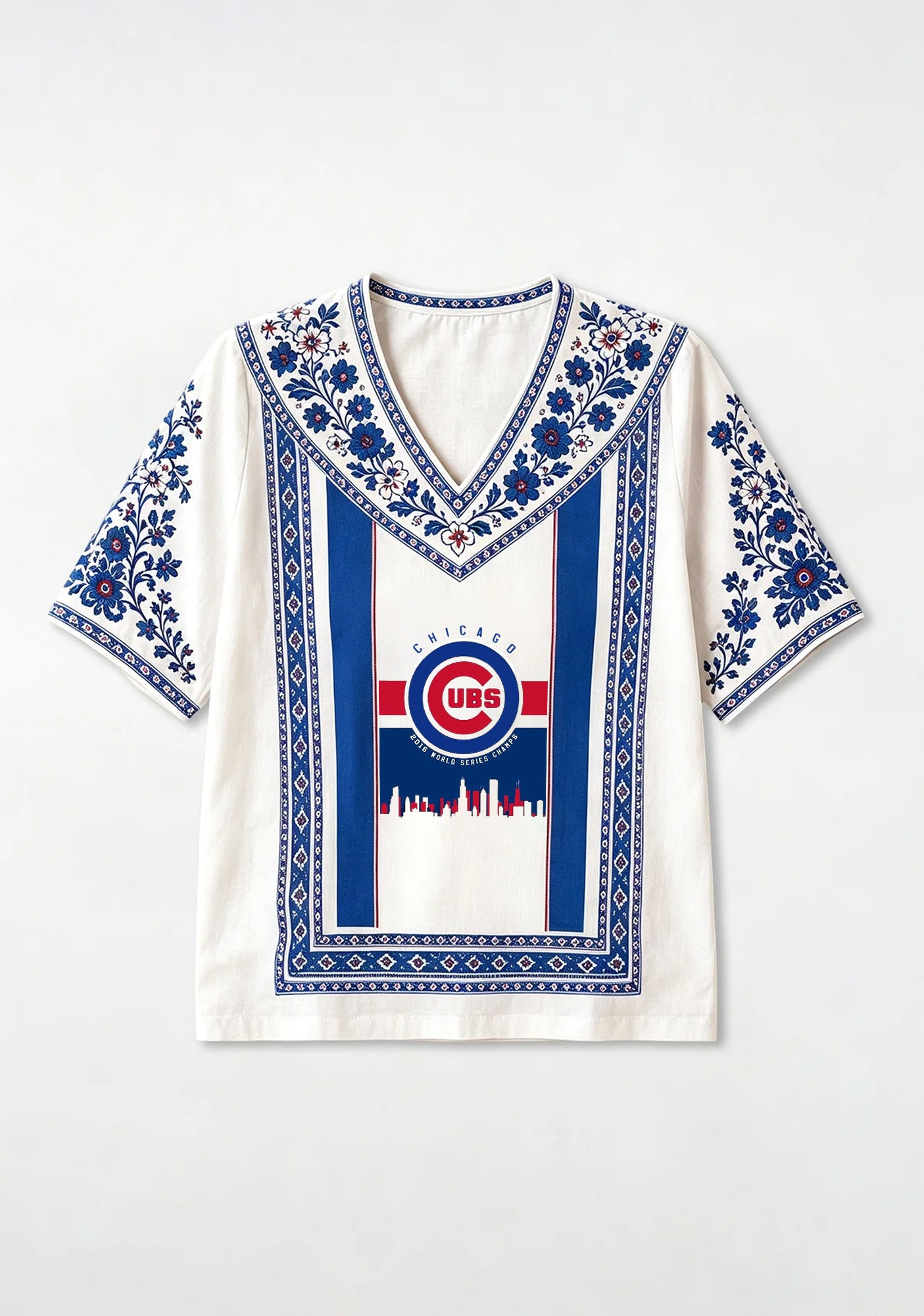Chicago Cubs World Series Cityscape Boho Floral V-Neck Blouse Secondary image