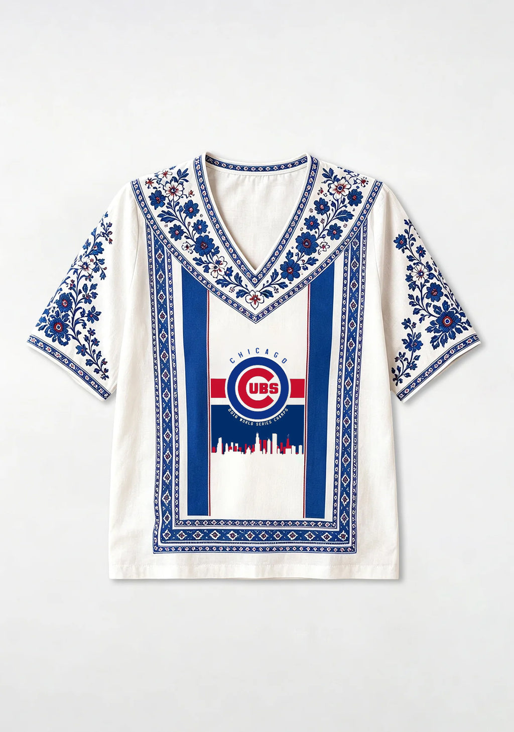 Chicago Cubs World Series Cityscape Boho Floral V-Neck Blouse