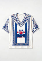 Chicago Cubs World Series Cityscape Boho Floral V-Neck Blouse