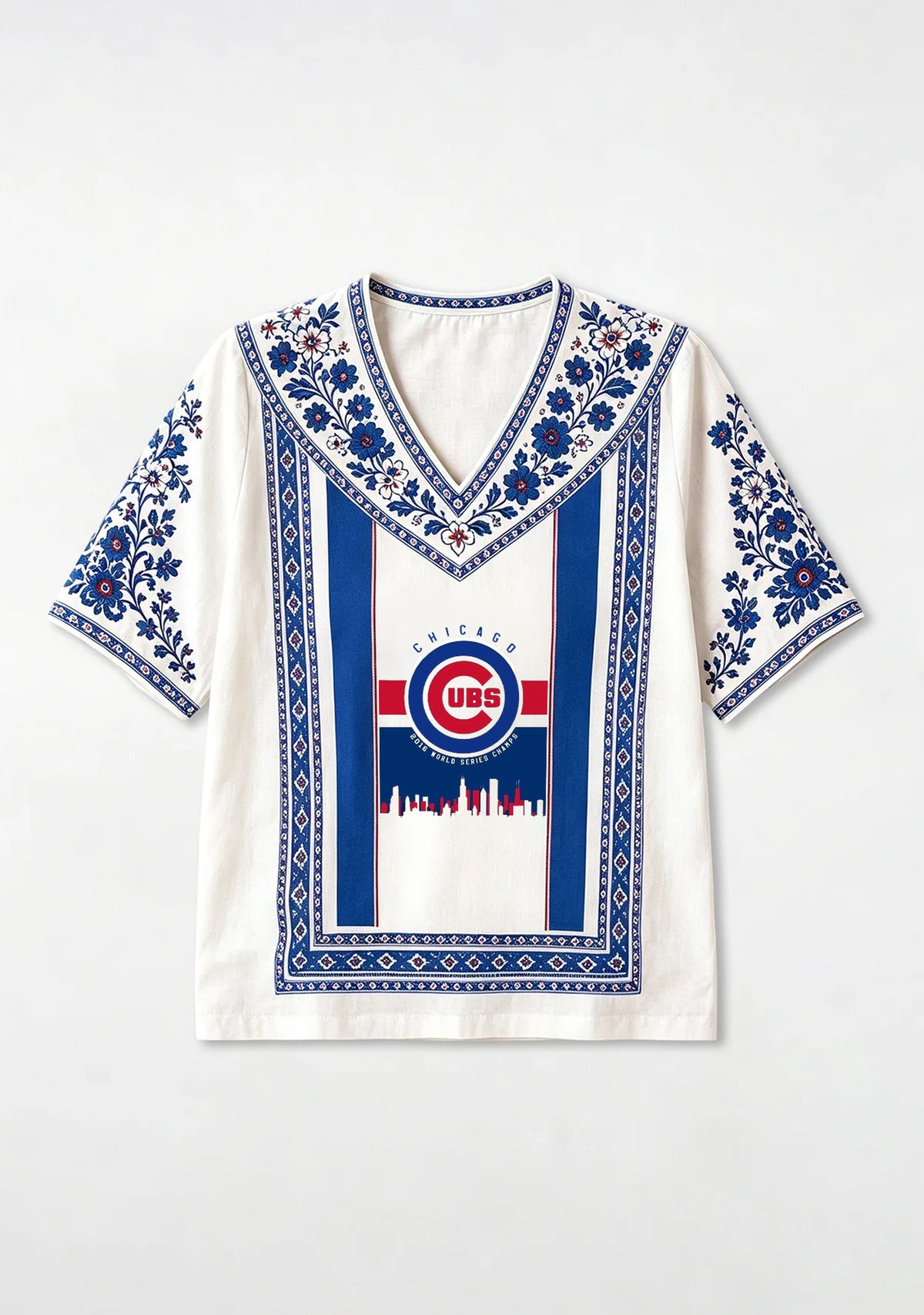 Chicago Cubs World Series Cityscape Boho Floral V-Neck Blouse