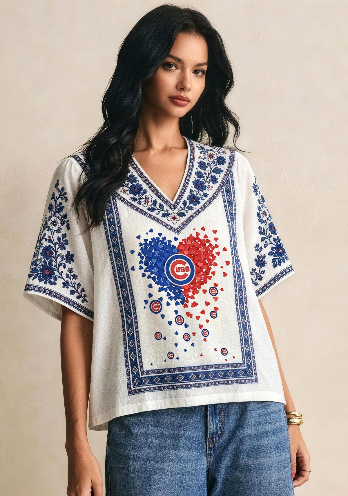 Chicago Cubs Heart Confetti Boho Floral V-Neck Blouse Main image