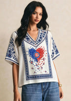 Chicago Cubs Heart Confetti Boho Floral V-Neck Blouse