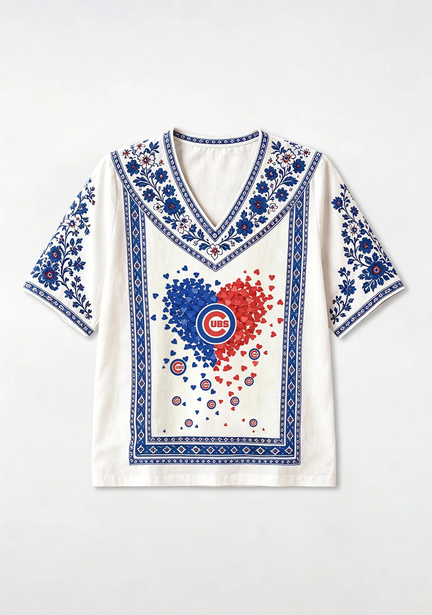 Chicago Cubs Heart Confetti Boho Floral V-Neck Blouse Secondary image