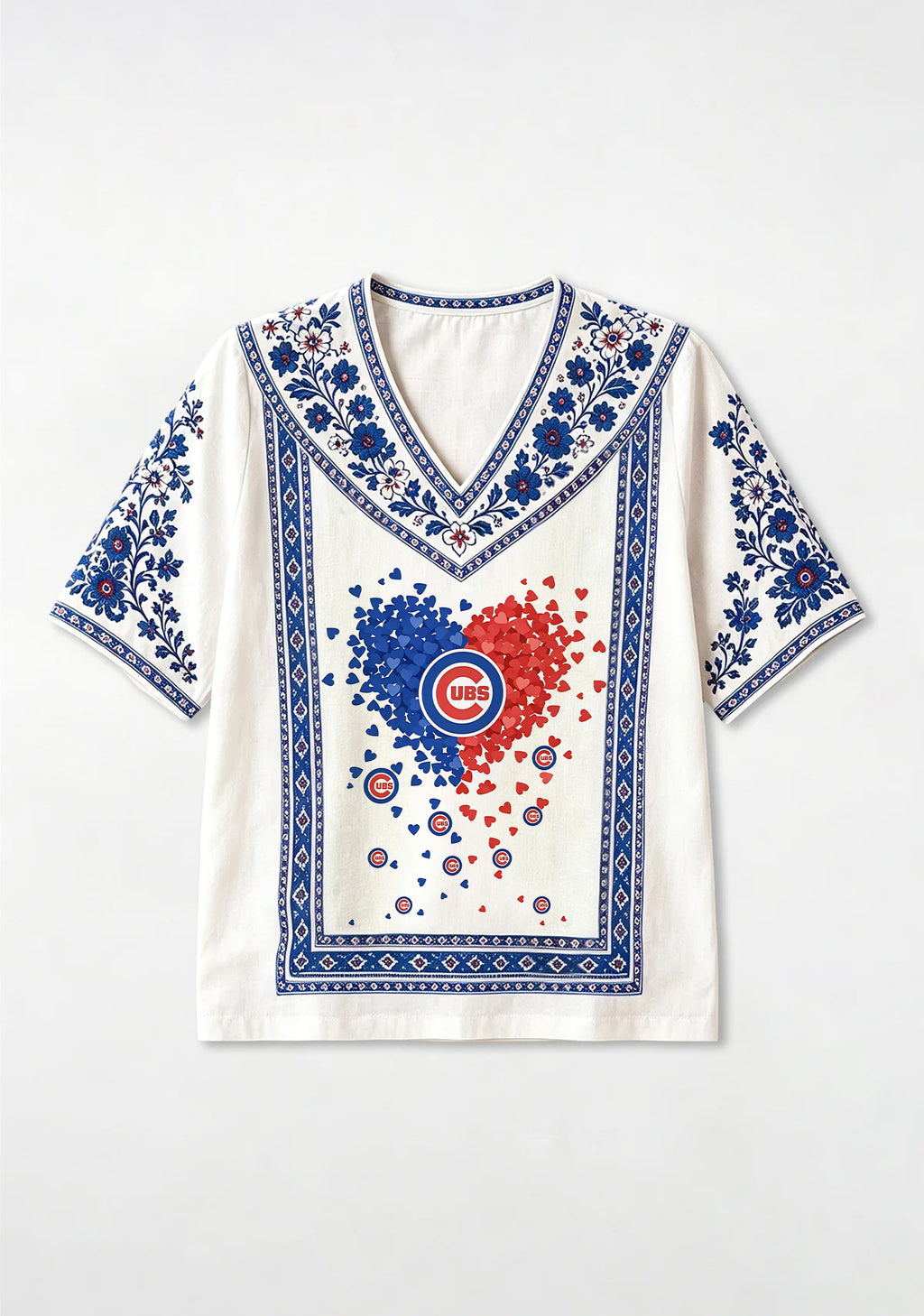 Chicago Cubs Heart Confetti Boho Floral V-Neck Blouse