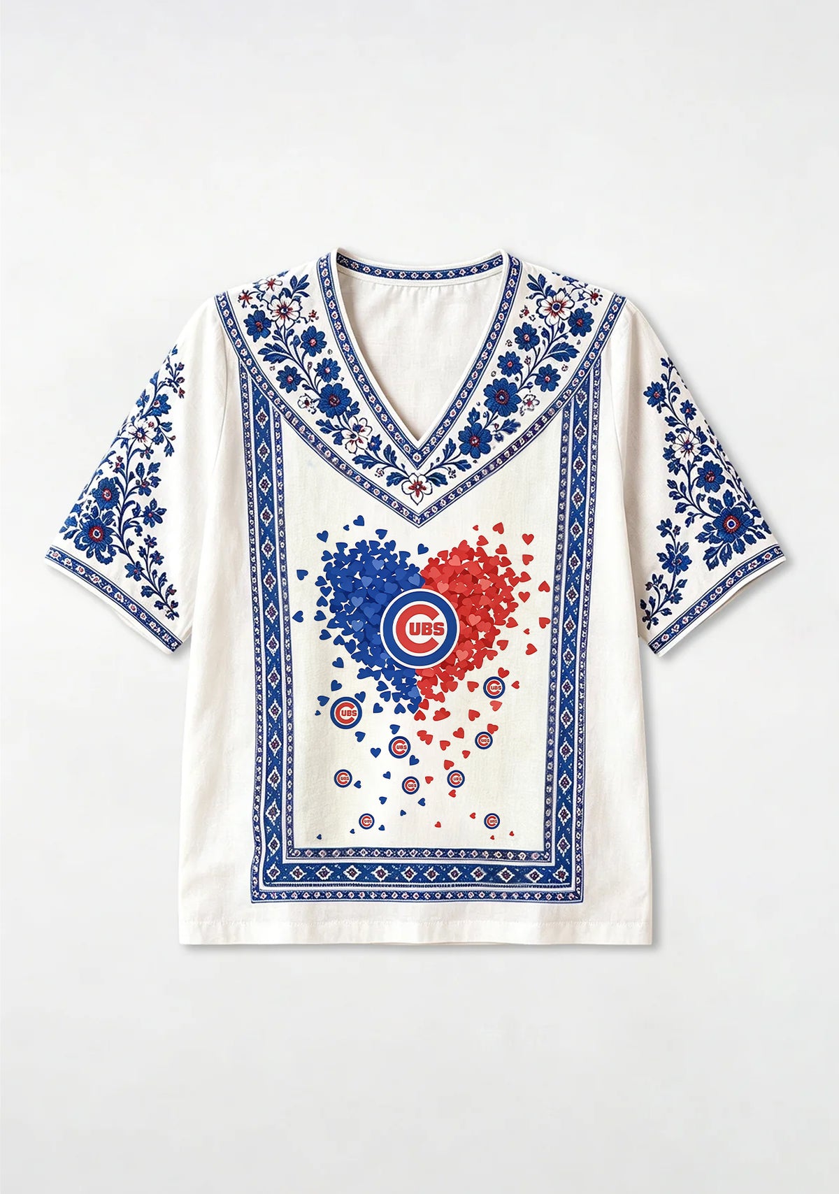 Chicago Cubs Heart Confetti Boho Floral V-Neck Blouse