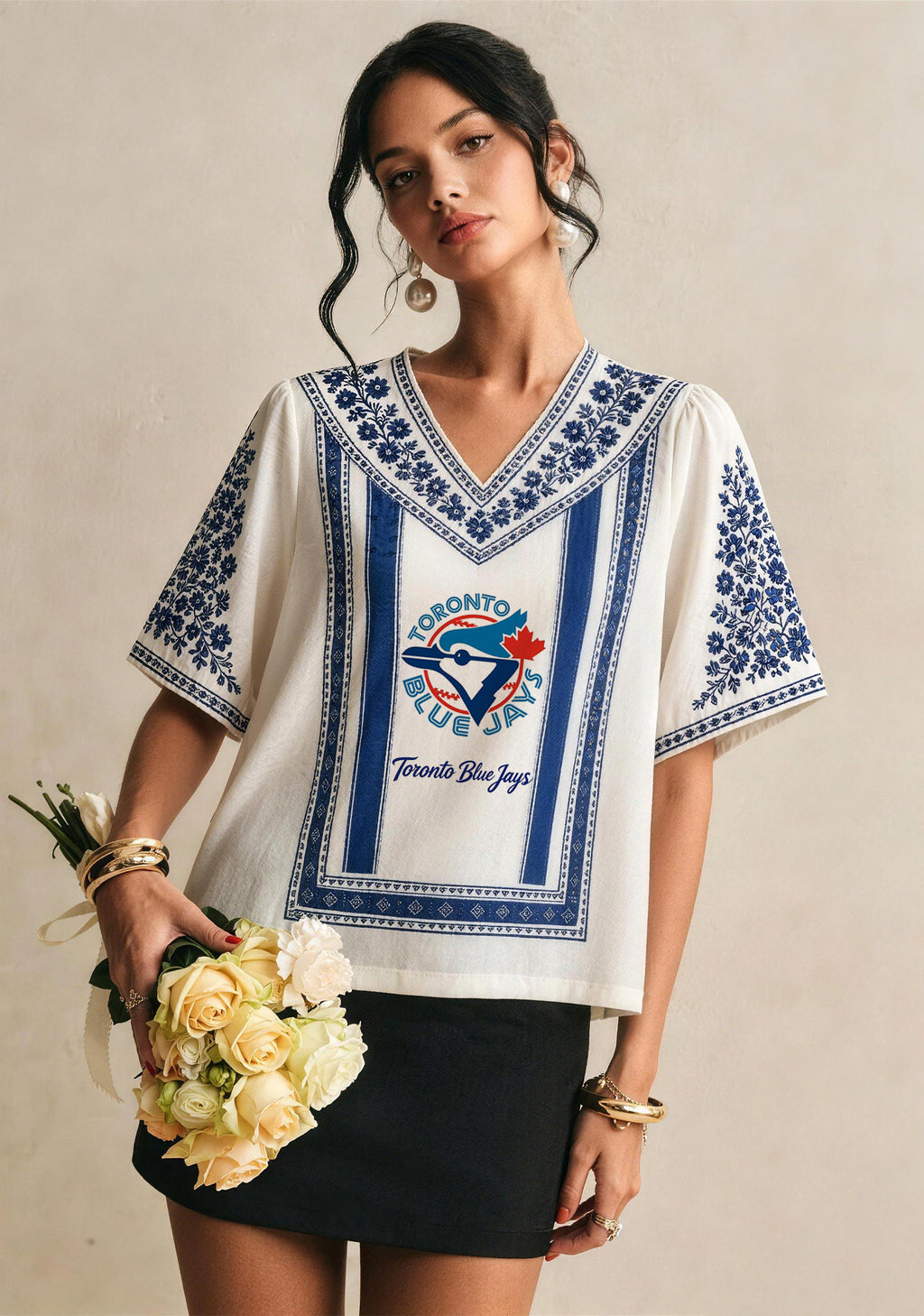 Toronto Blue Jays Classic Logo Boho Floral V-Neck Blouse