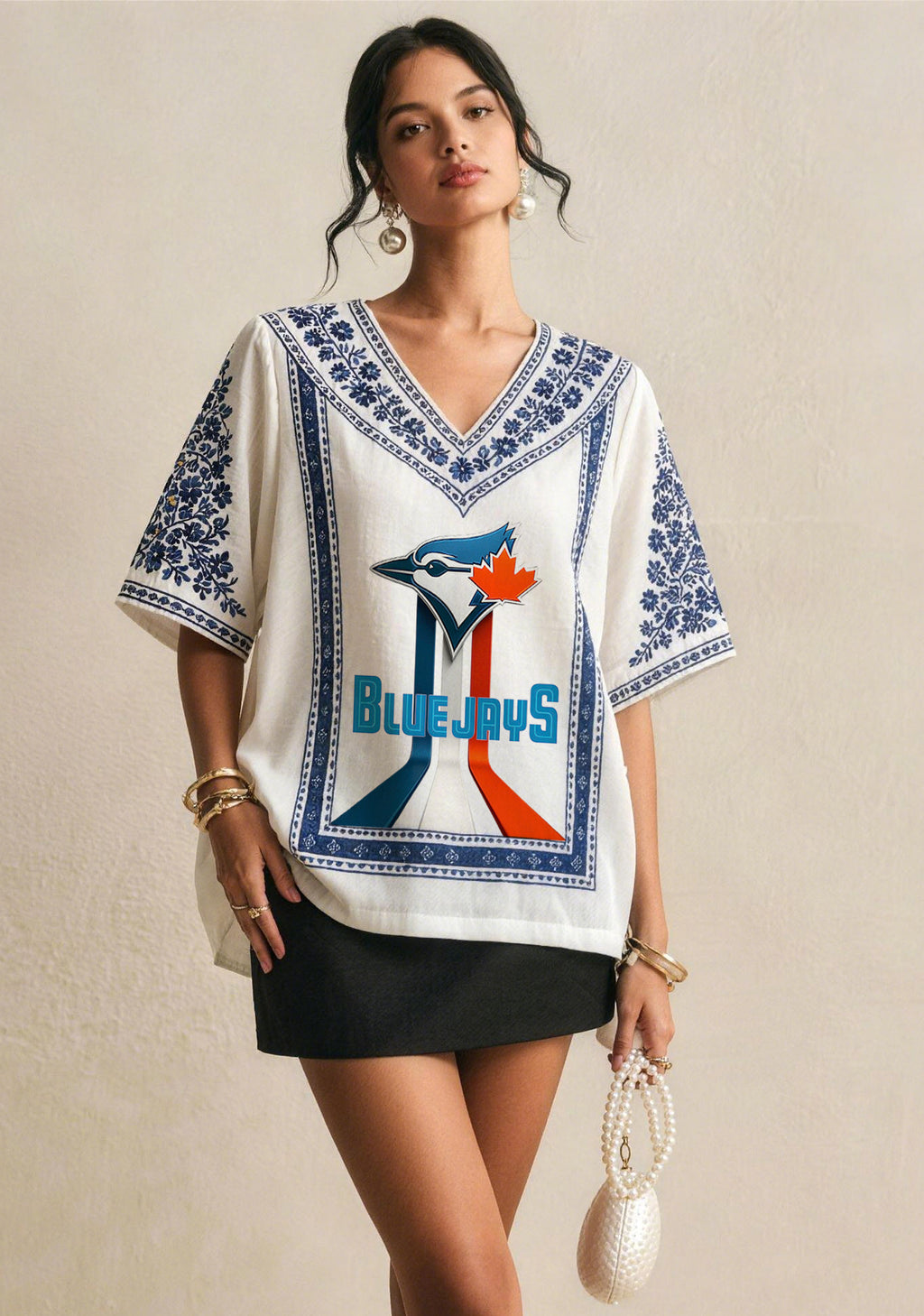 Toronto Blue Jays Graphic Baseball Boho Floral V-Neck Blouse