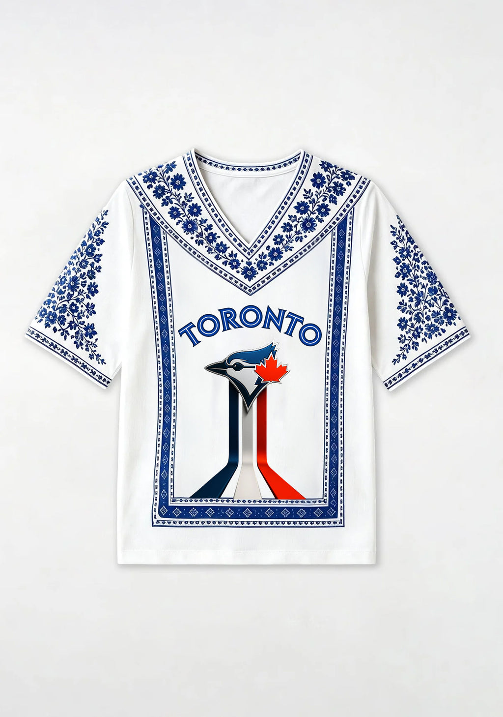 Toronto Blue Jays Graphic Baseball Boho Floral V-Neck Blouse