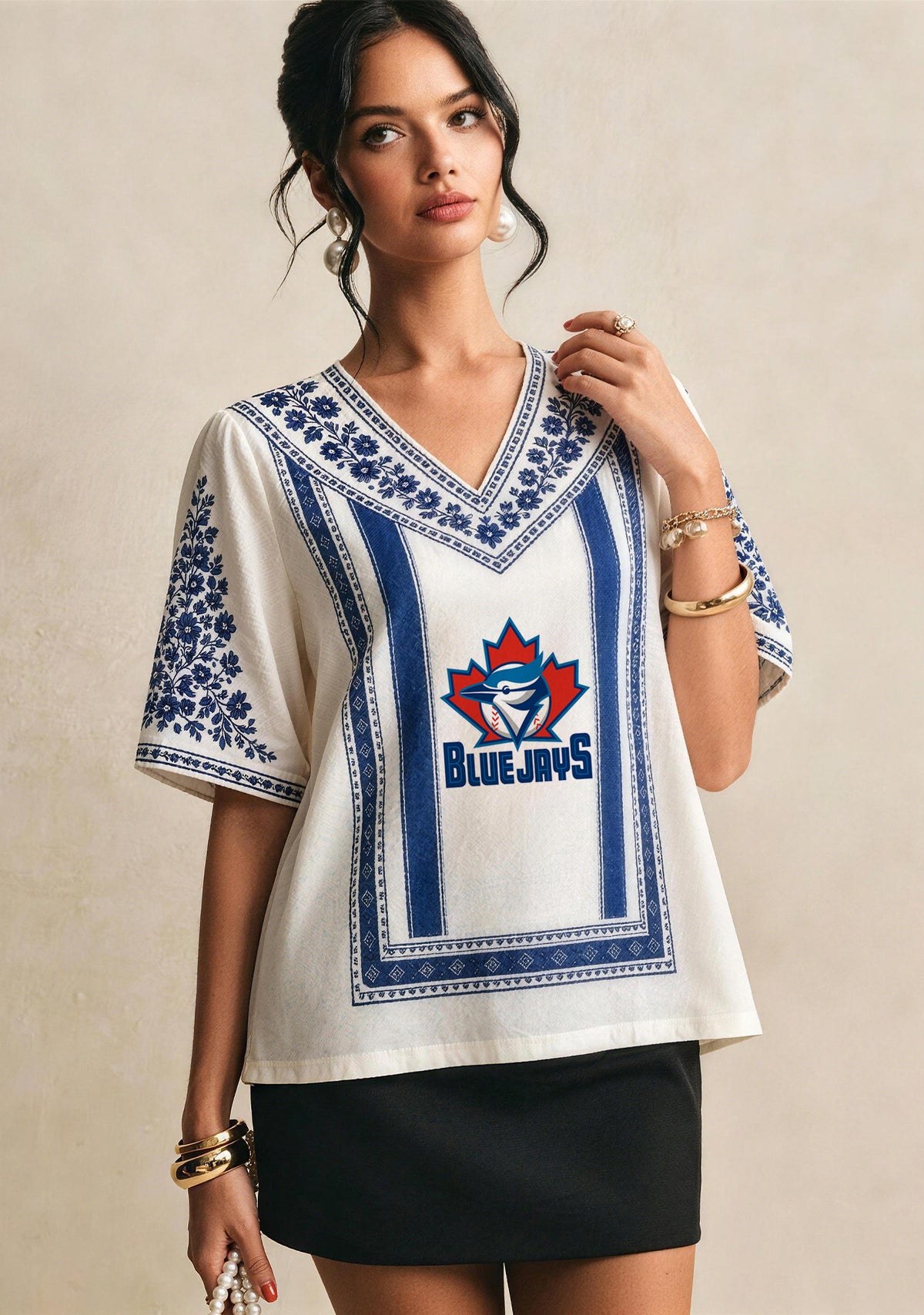 Toronto Blue Jays Maple Leaf Boho Floral V-Neck Blouse