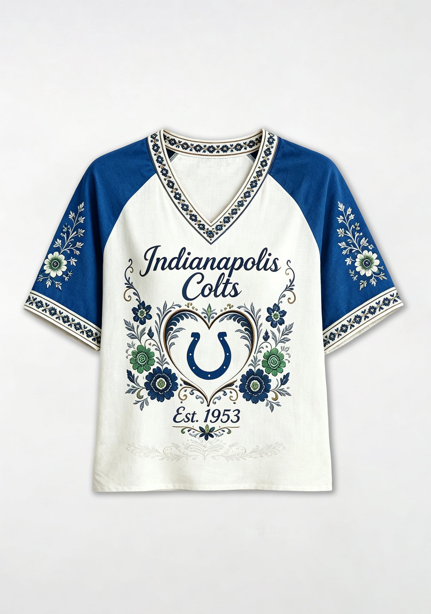 Indianapolis Colts Retro Floral Heart Raglan NFL V-Neck T-Shirt Secondary image