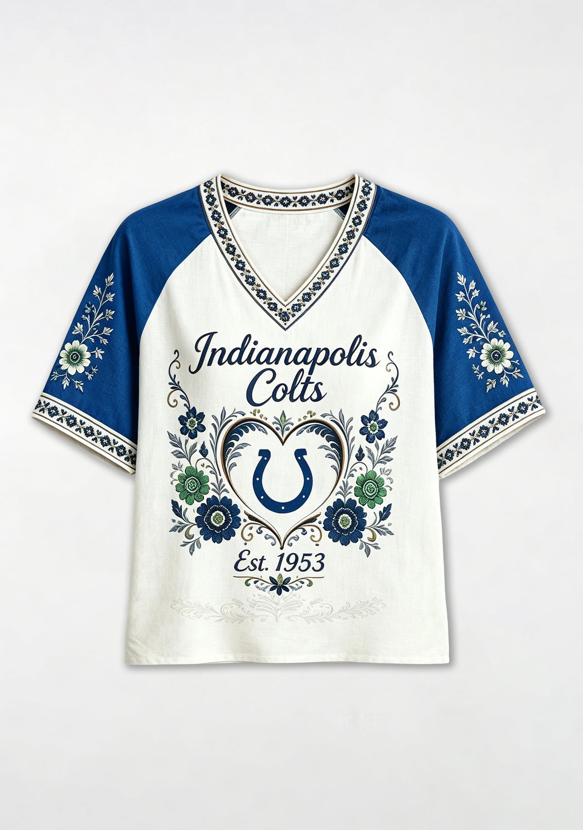 Indianapolis Colts Retro Floral Heart Raglan NFL V-Neck T-Shirt