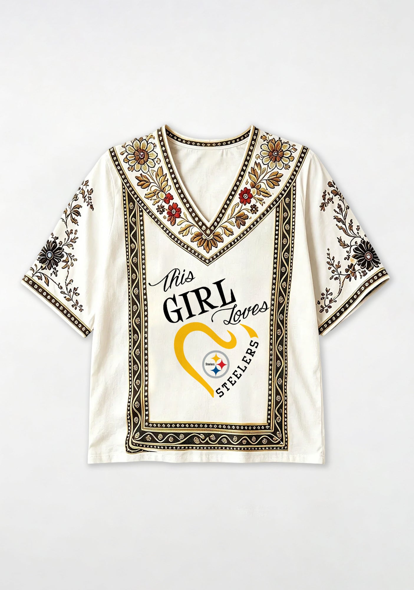 Boho Pittsburgh Steelers Floral V-Neck Blouse Secondary image
