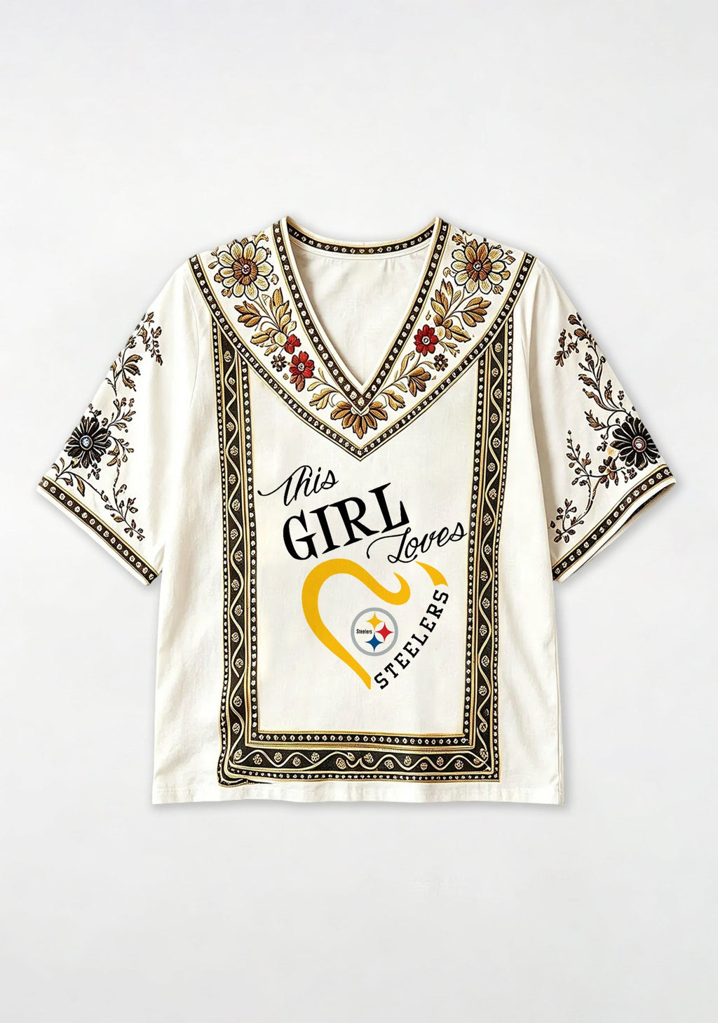 Boho Pittsburgh Steelers Floral V-Neck Blouse