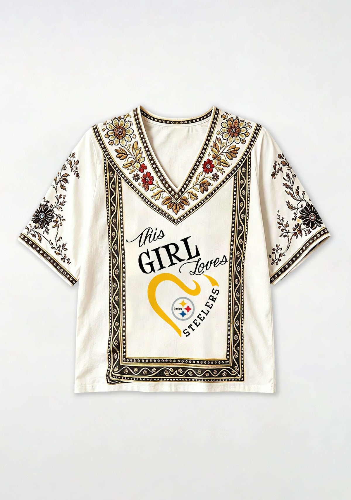 Boho Pittsburgh Steelers Floral V-Neck Blouse
