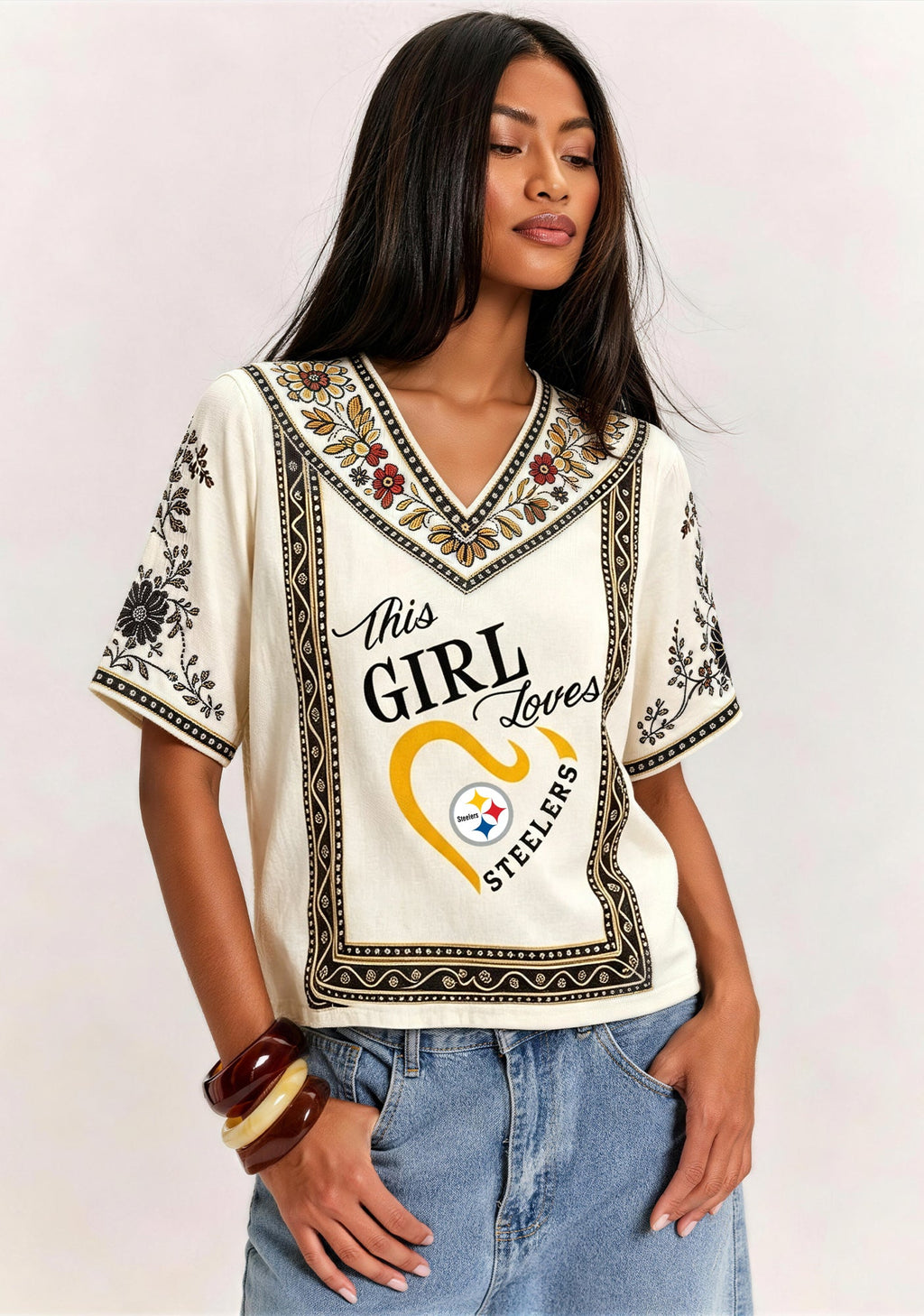 Boho Pittsburgh Steelers Floral V-Neck Blouse