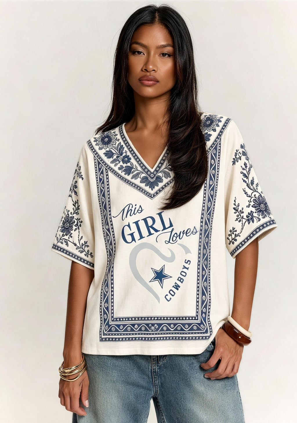 Boho Cowboys "This Girl Loves" Blue Floral V-Neck Blouse