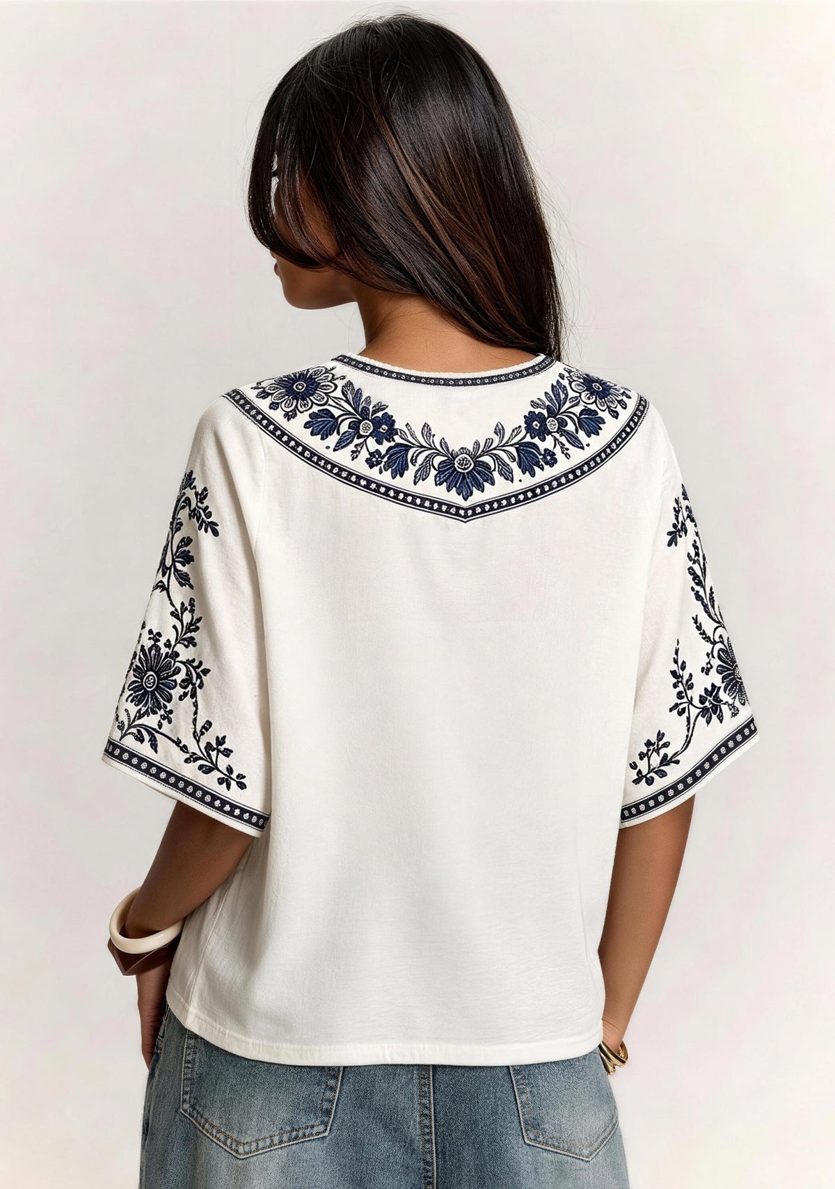 Boho Cowboys "This Girl Loves" Blue Floral V-Neck Blouse