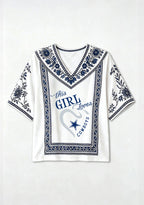 Boho Cowboys "This Girl Loves" Blue Floral V-Neck Blouse