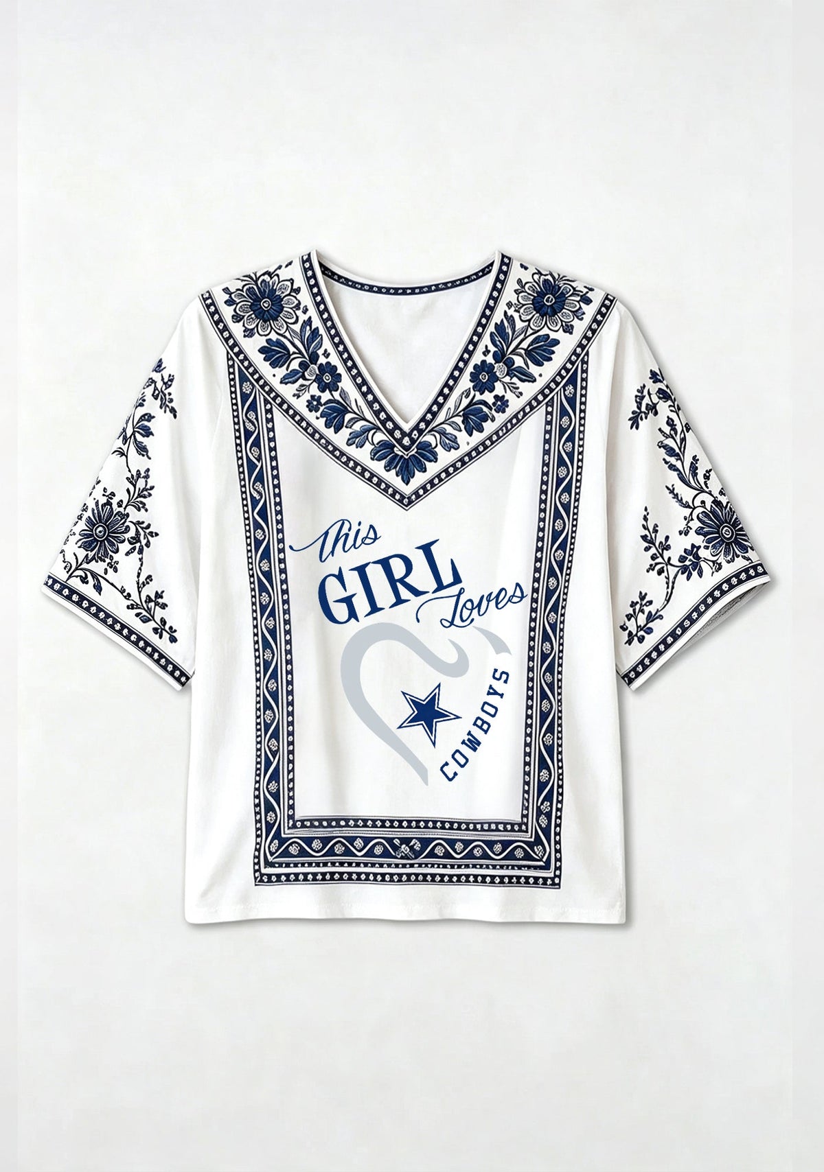 Boho Cowboys "This Girl Loves" Blue Floral V-Neck Blouse