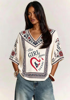 Boho Texans "This Girl Loves" Floral V-Neck Blouse