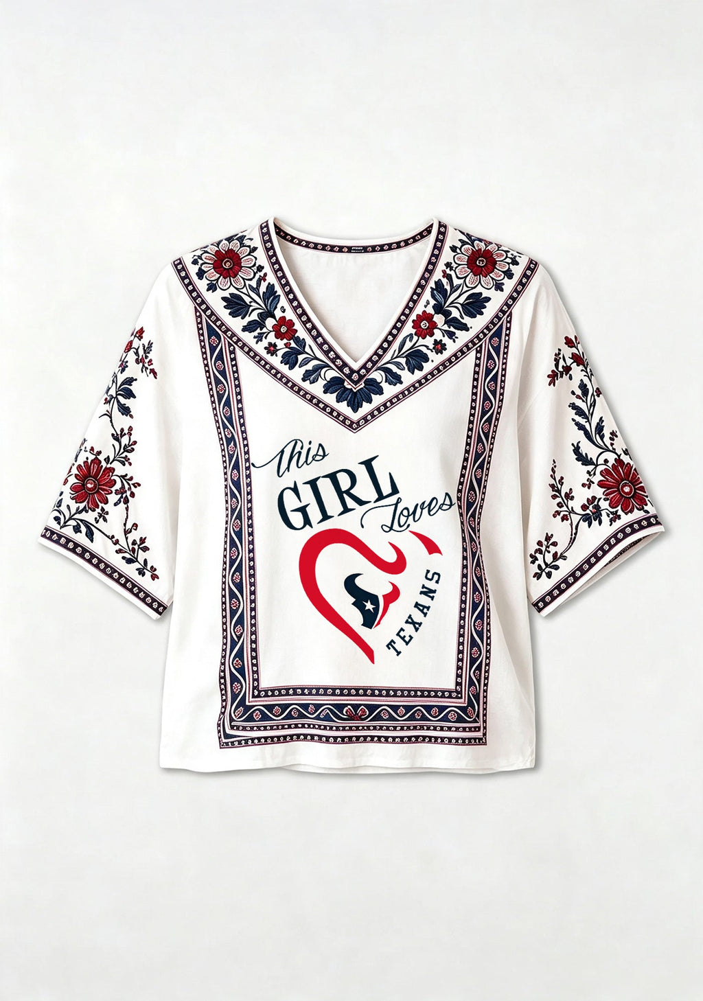 Boho Texans "This Girl Loves" Floral V-Neck Blouse