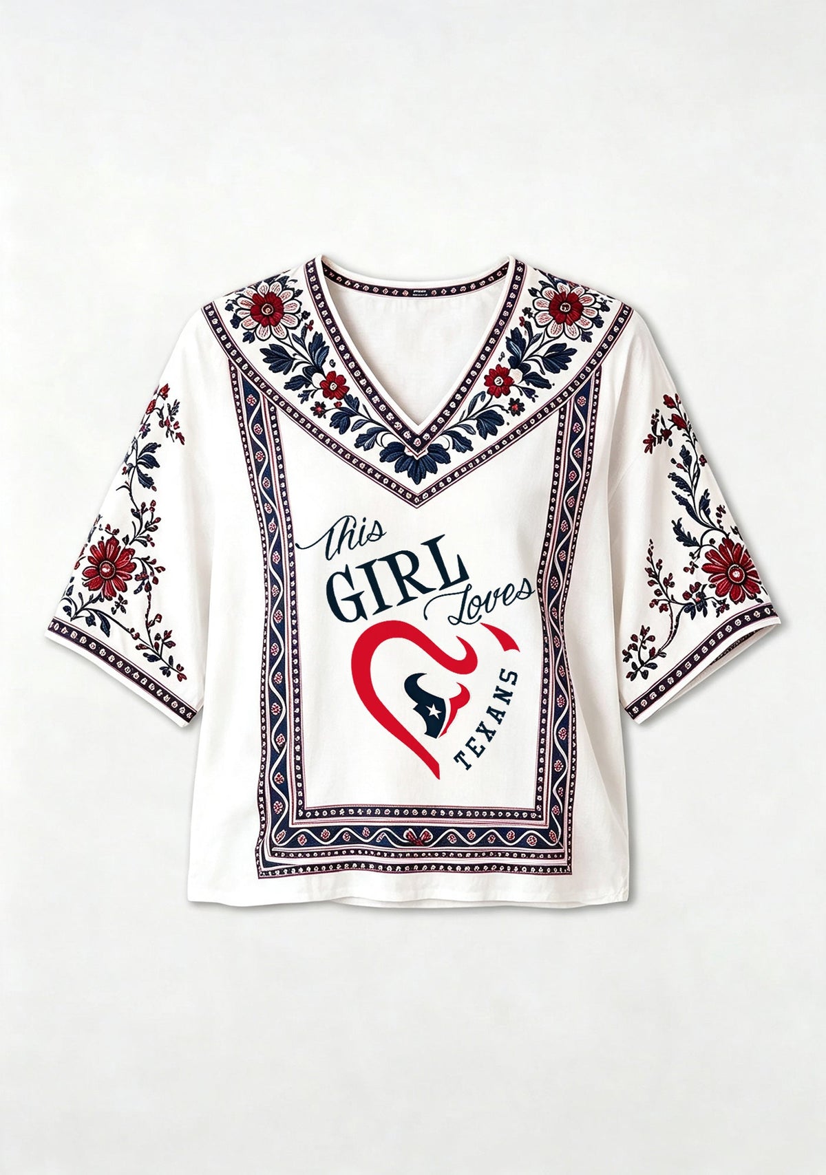 Boho Texans "This Girl Loves" Floral V-Neck Blouse
