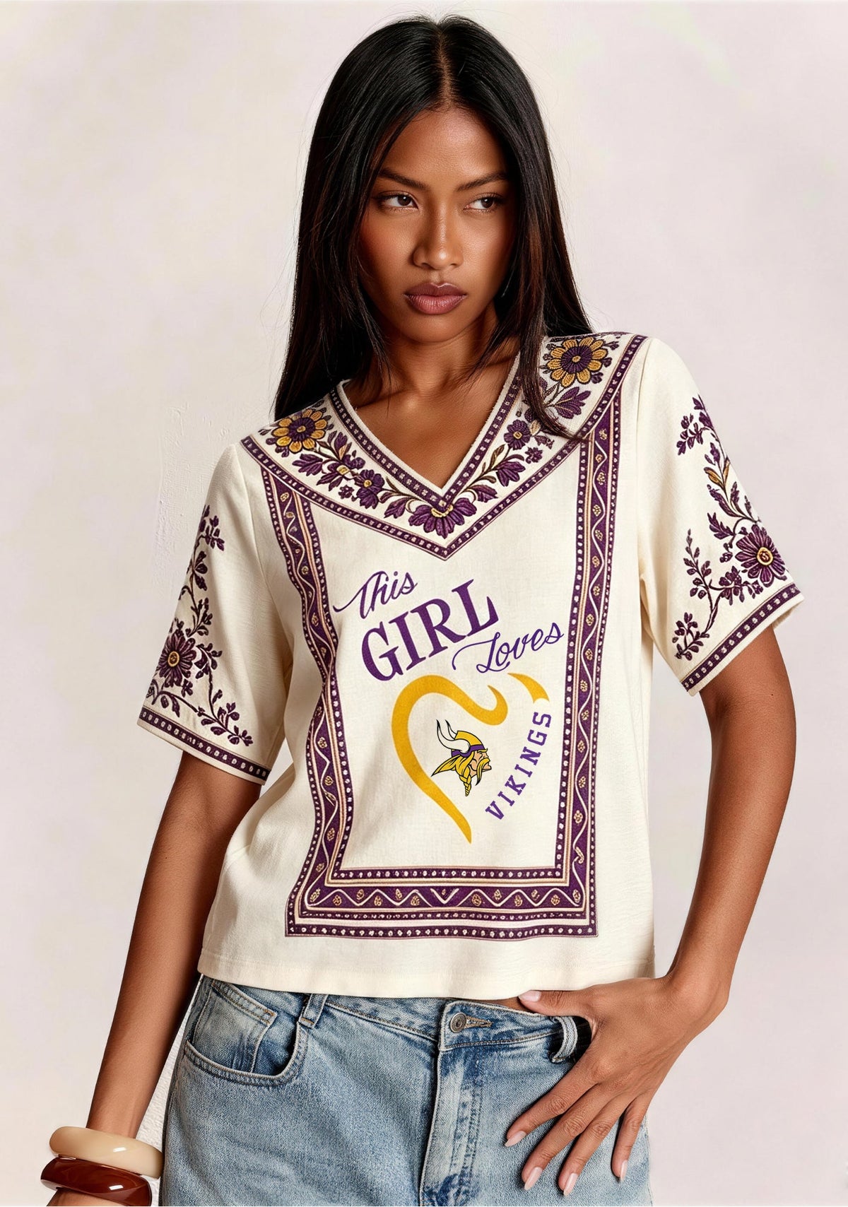 Boho Vikings "This Girl Loves" Purple Floral Border V-Neck Blouse Main image