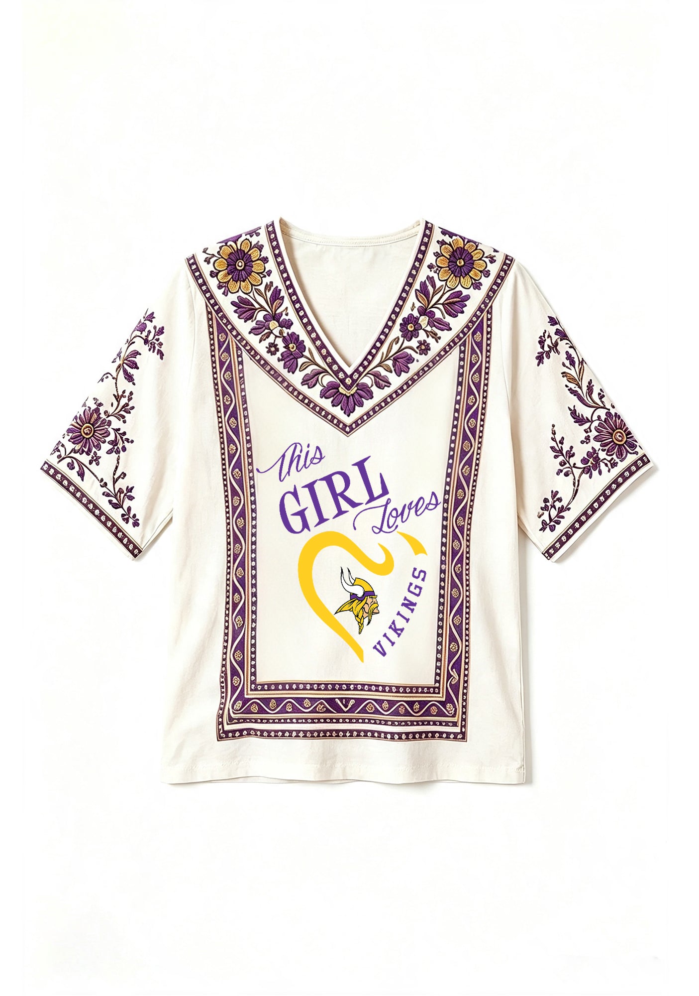 Boho Vikings "This Girl Loves" Purple Floral Border V-Neck Blouse Secondary image