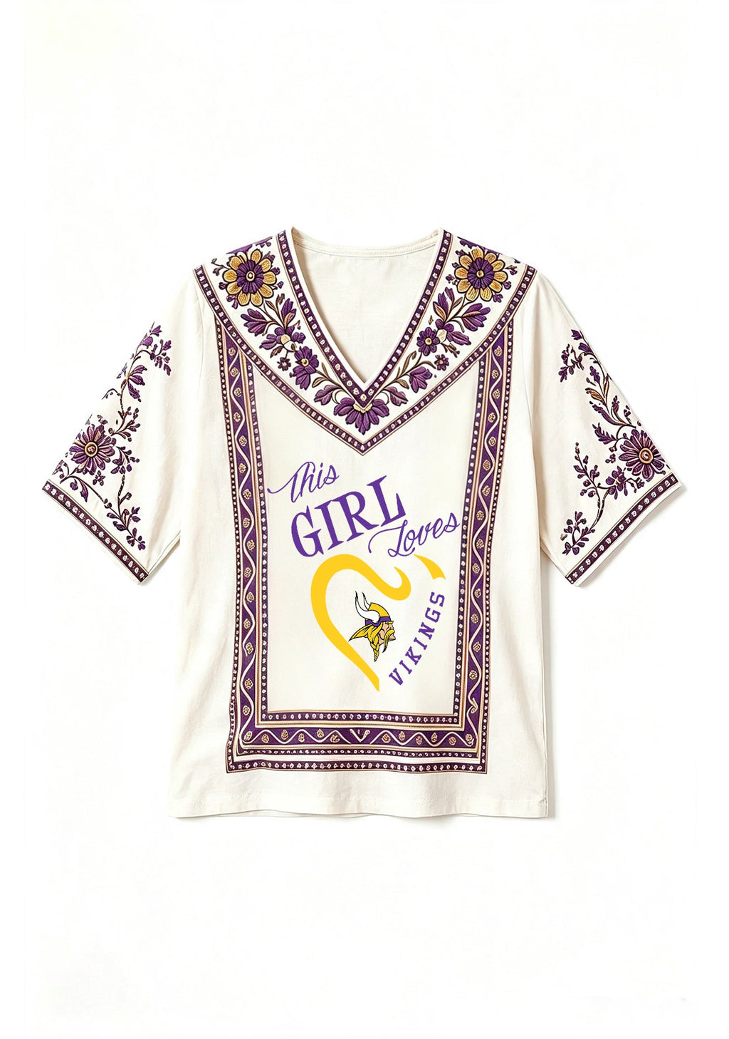 Boho Vikings "This Girl Loves" Purple Floral Border V-Neck Blouse
