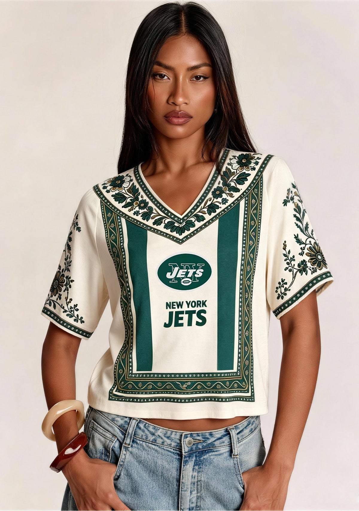 Boho Ethnic Floral New‑York Jets V-Neck Blouse