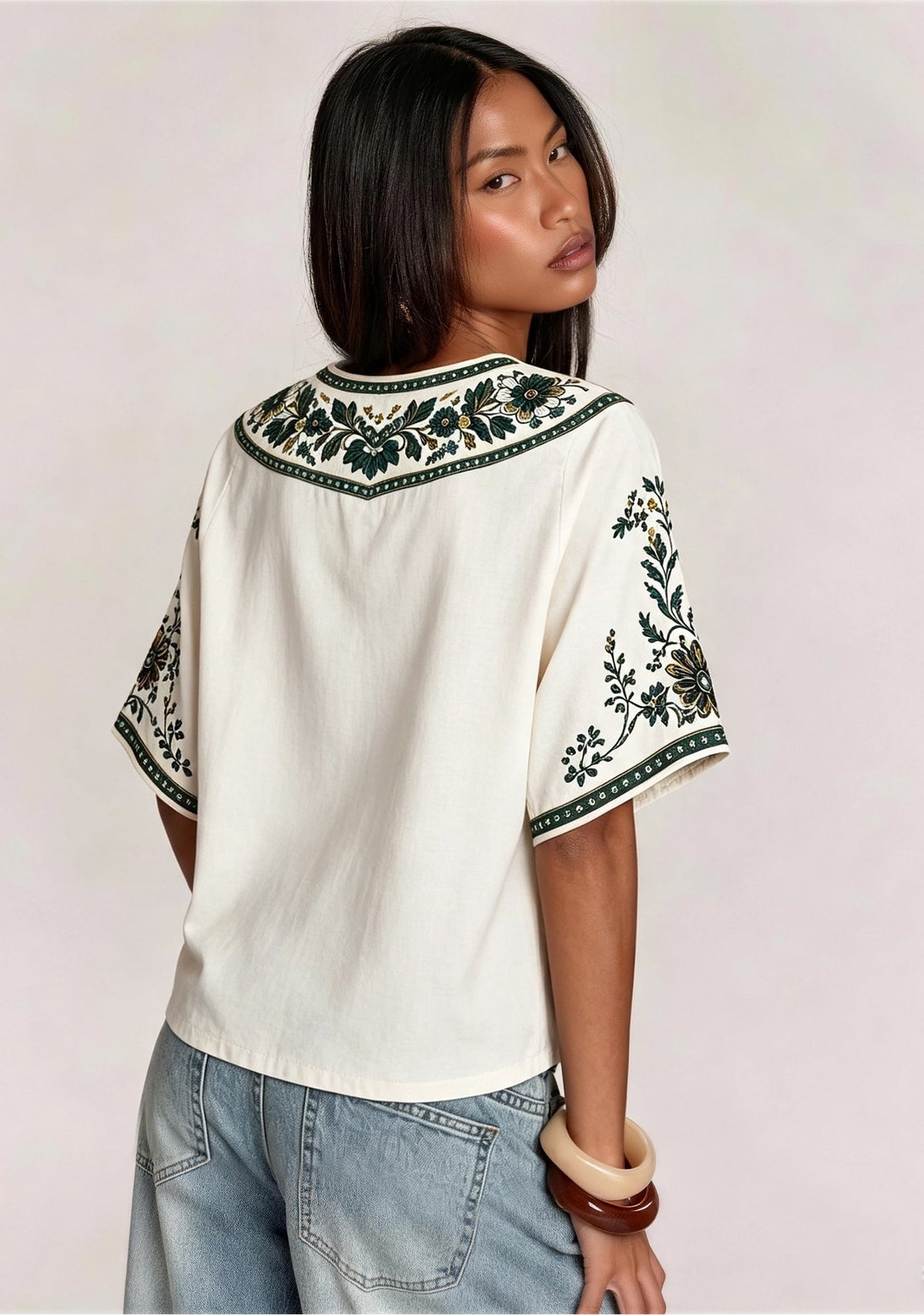Boho Ethnic Floral New‑York Jets V-Neck Blouse
