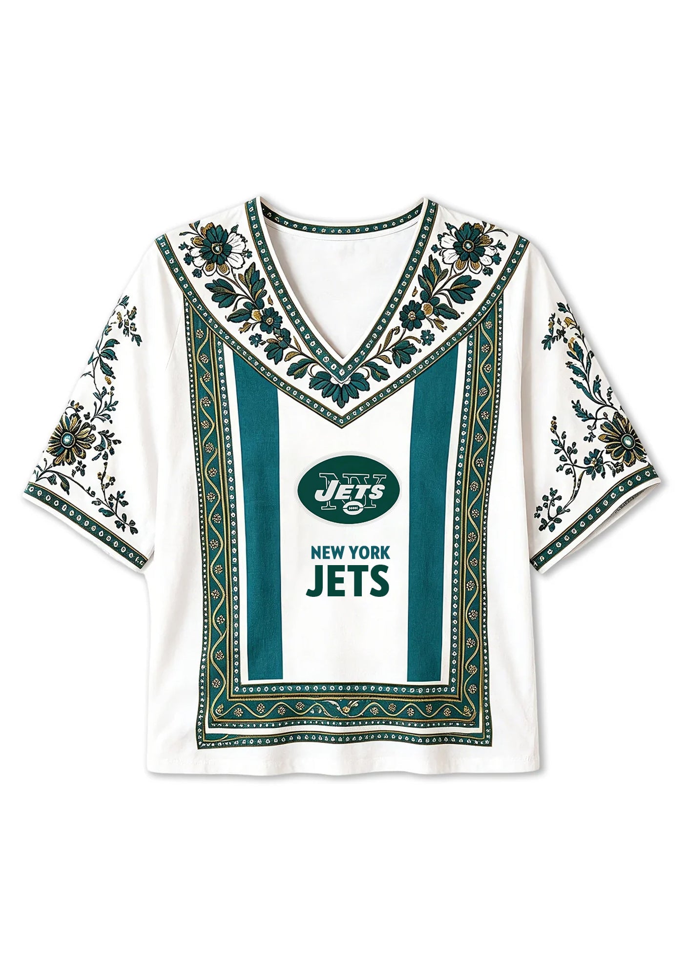 Boho Ethnic Floral New‑York Jets V-Neck Blouse Secondary image