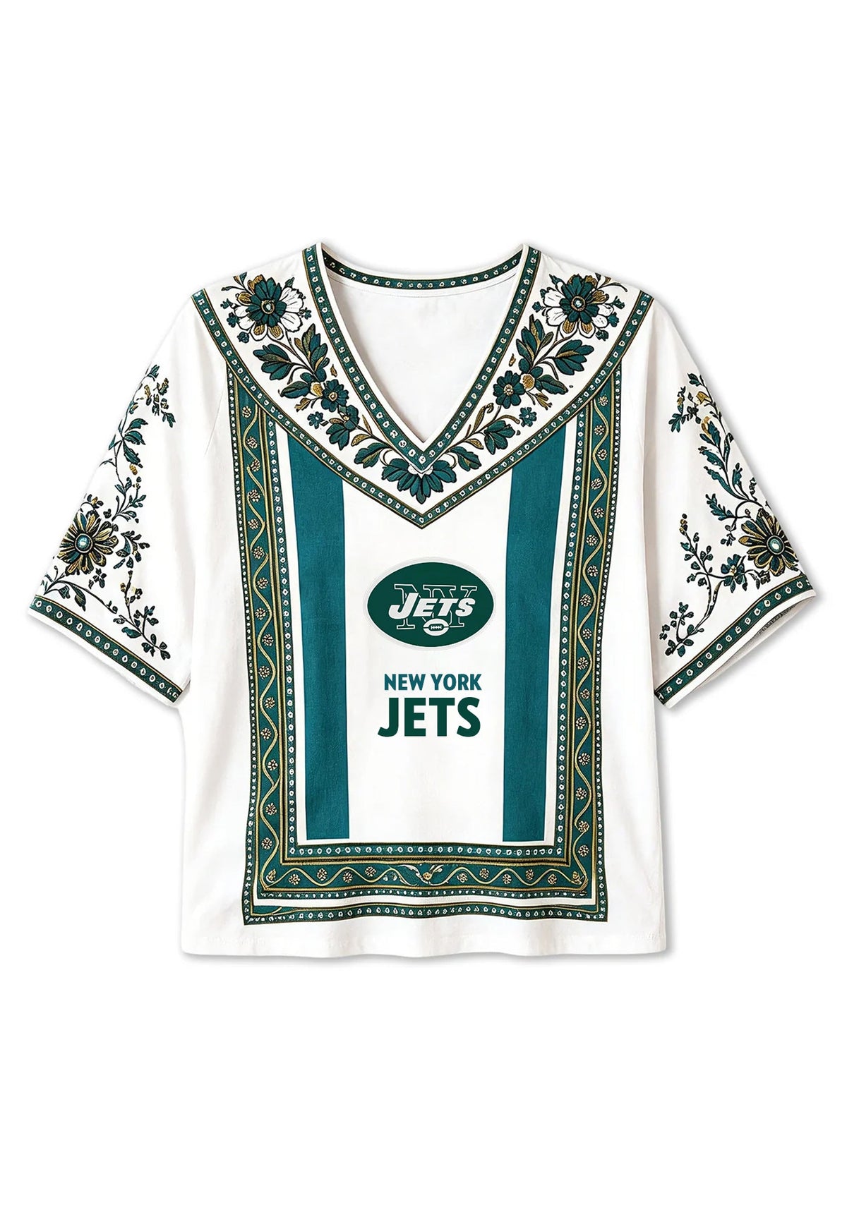 Boho Ethnic Floral New‑York Jets V-Neck Blouse
