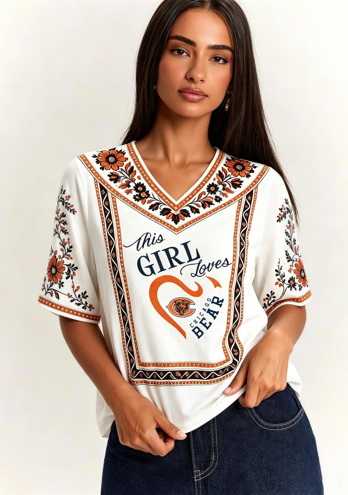 This Girl Loves Chicago Bears Boho Floral V-Neck Blouse Main image