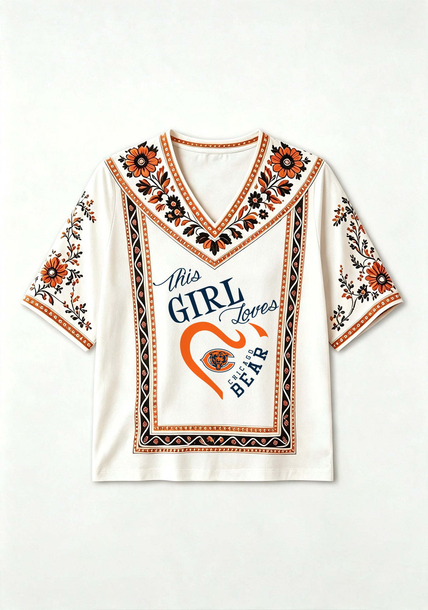 This Girl Loves Chicago Bears Boho Floral V-Neck Blouse Secondary image