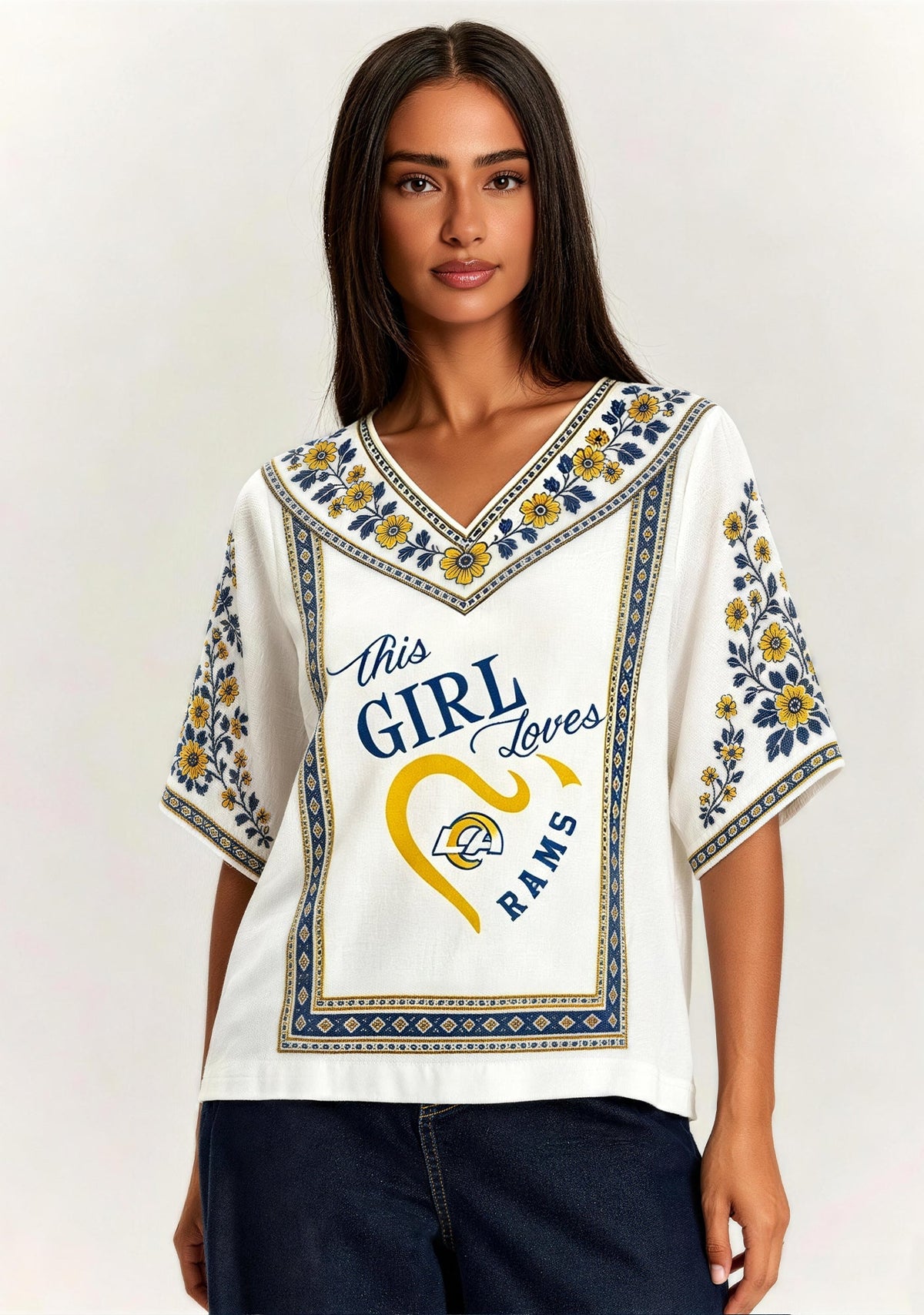 This Girl Loves Los Angeles Rams Boho Floral V-Neck Blouse Main image