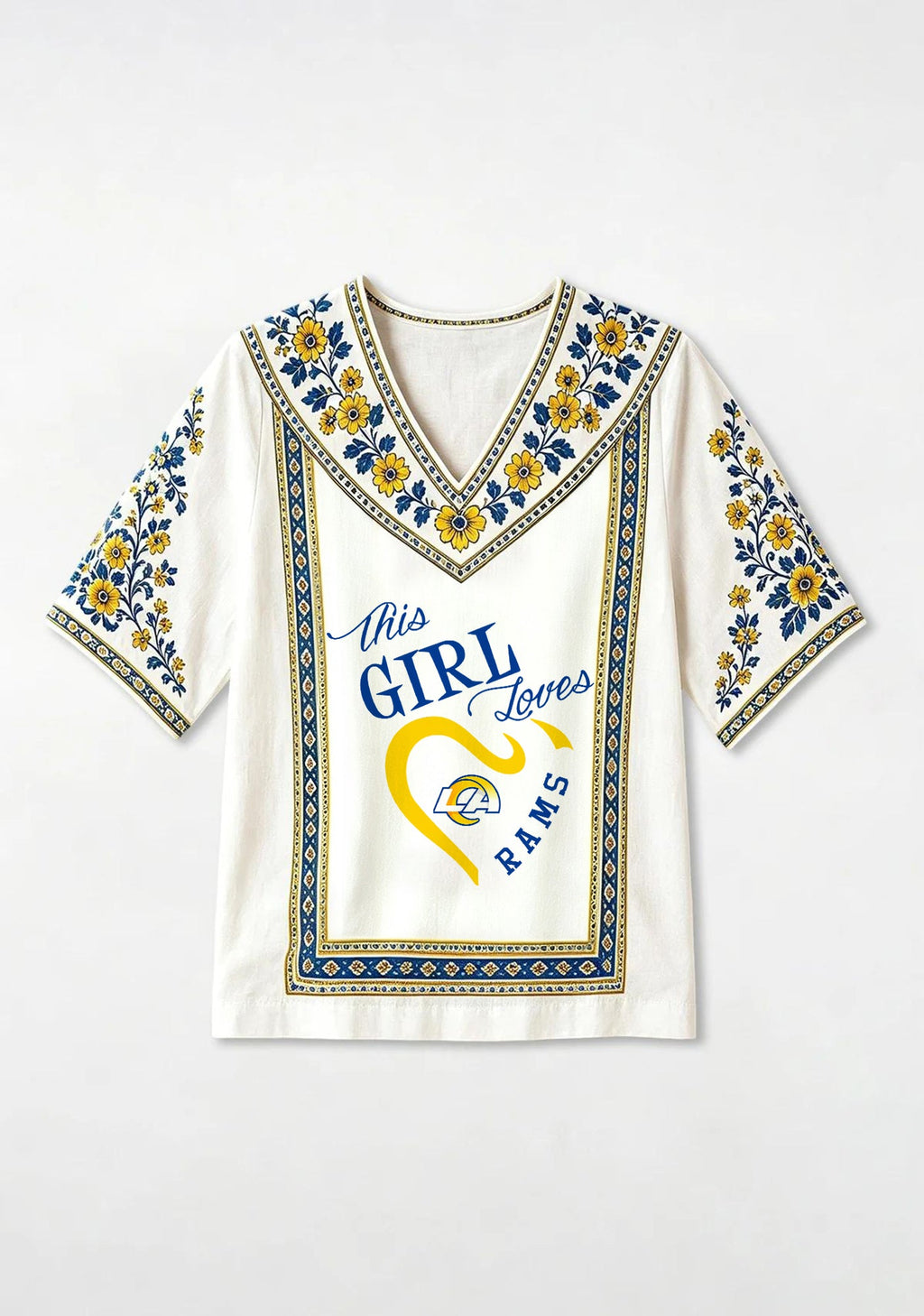 This Girl Loves Los Angeles Rams Boho Floral V-Neck Blouse
