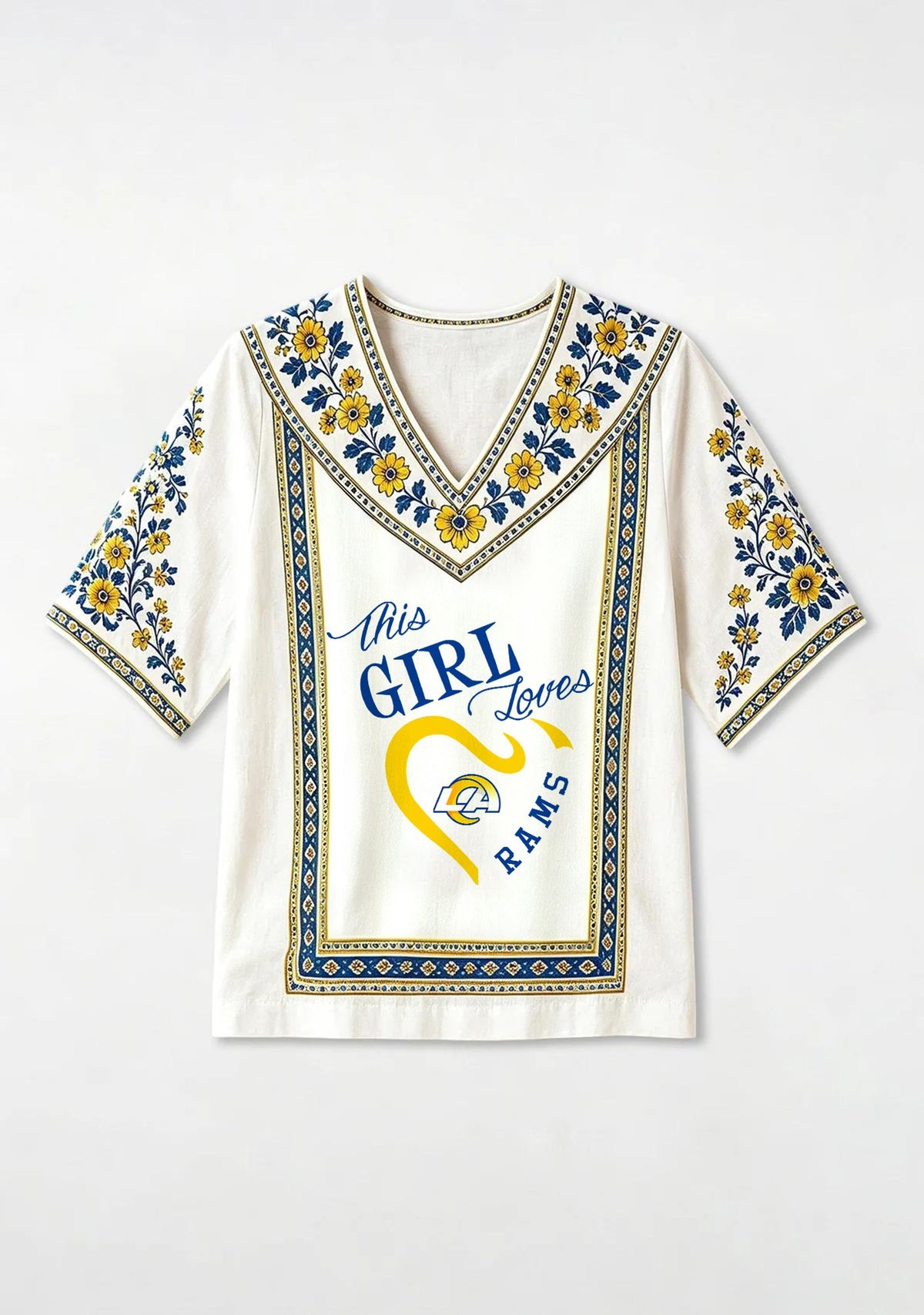 This Girl Loves Los Angeles Rams Boho Floral V-Neck Blouse