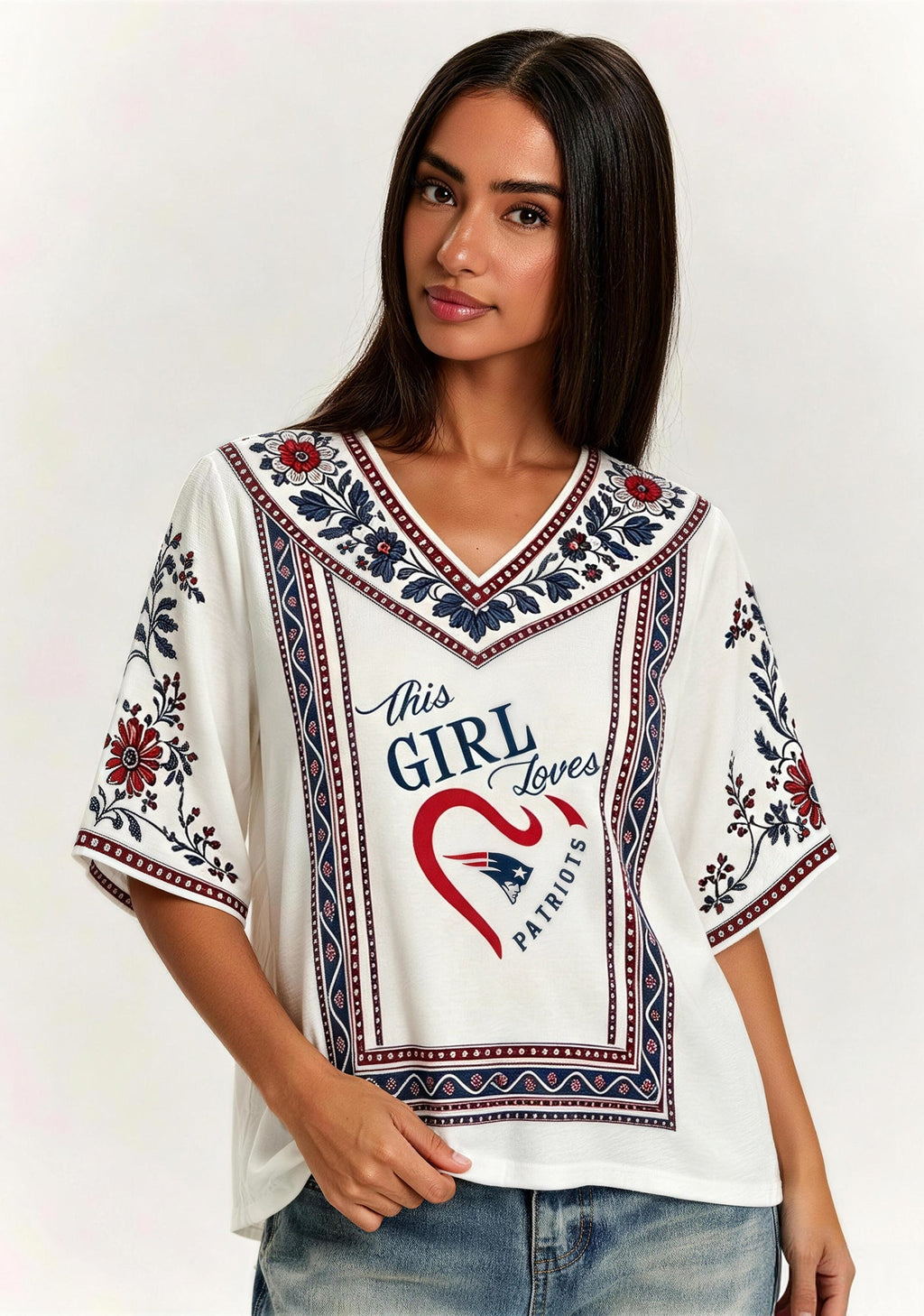 This Girl Loves New England Patriots Boho Floral V-Neck Blouse